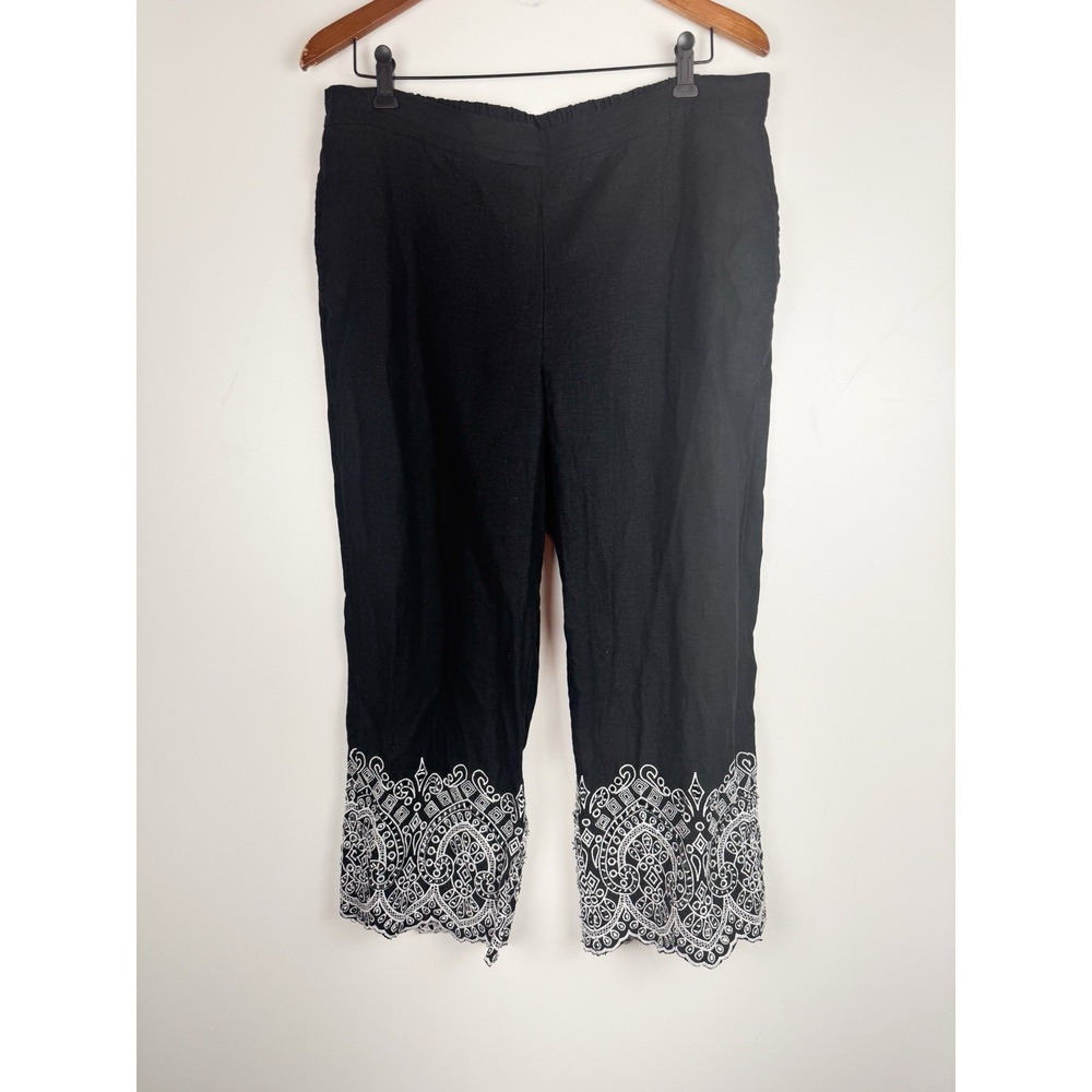 Chico's 100% Linen Pants Size 2 US 12 Black Embroidered Hem Crop Pull On Elastic